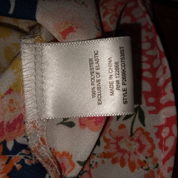 Chenault XL PinkBlueYellowPatchwork FloralPrintElasticWaist ShrtSlvV-Nec Blouse. - Picture 5 of 9